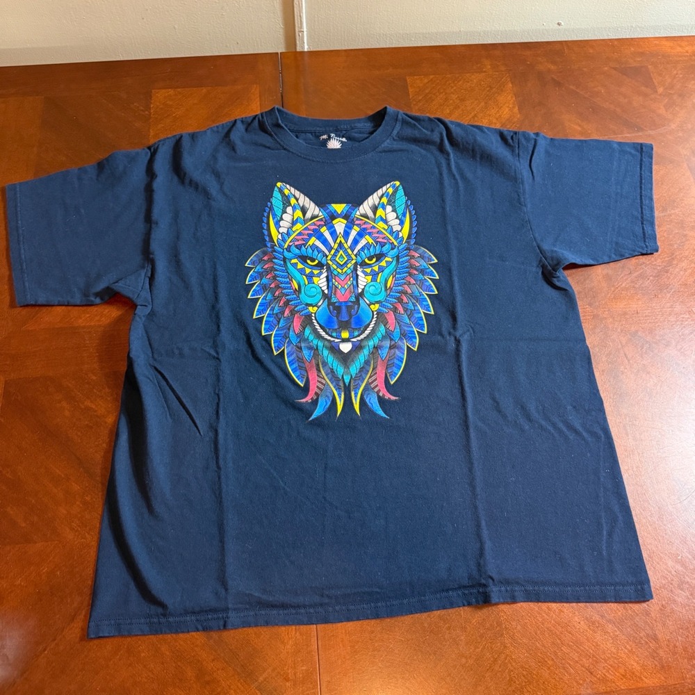Mi Tierra Mens XXL Navy Blue Geometric Wolf Graphic T-Shirt Alebrije Cotton Tee